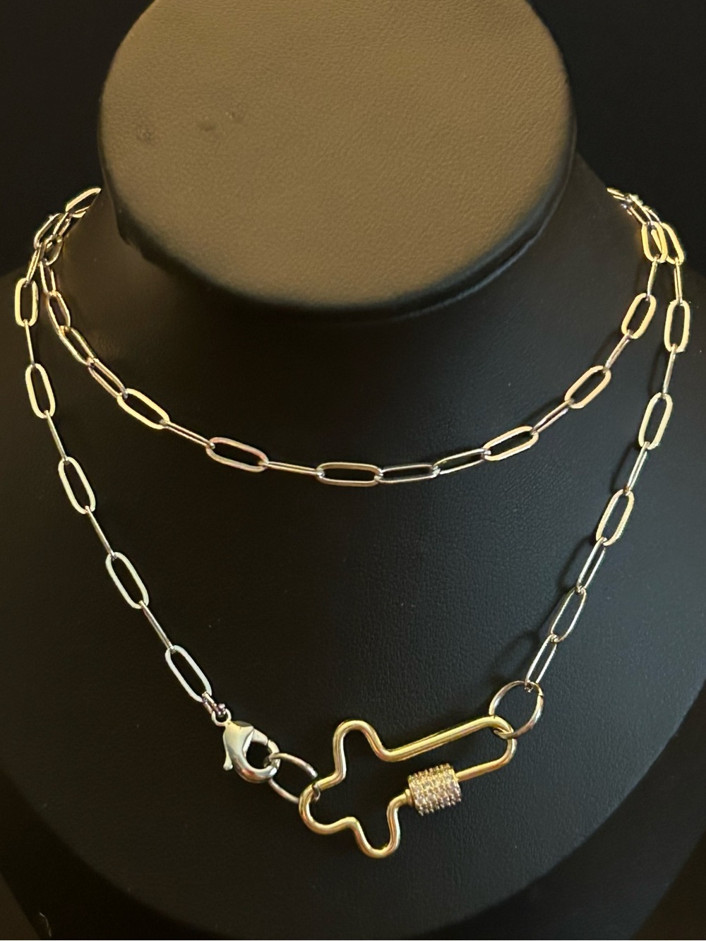 Two-Tone Paperclip Link Necklace with Cross-Shaped Accent 20 Inches